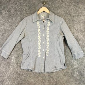 Coldwater Creek Top S Cottage Floral Embroidered 100 Cotton Button Up 3/4 Sleeve